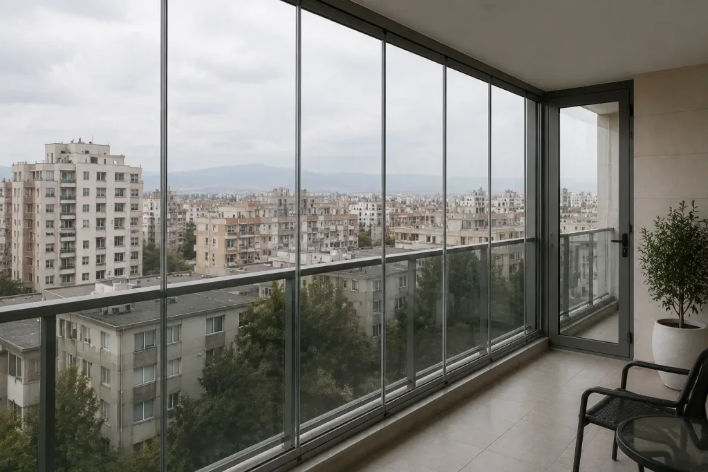 بالکن با شیشه ثابت و نمای شهر