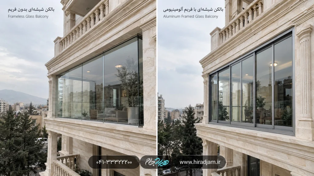 بالکن شیشه‌ای فریم‌دار بهتر است یا فریم‌لس؟مقایسه دید، آب‌بندی، قیمت و نگهداری